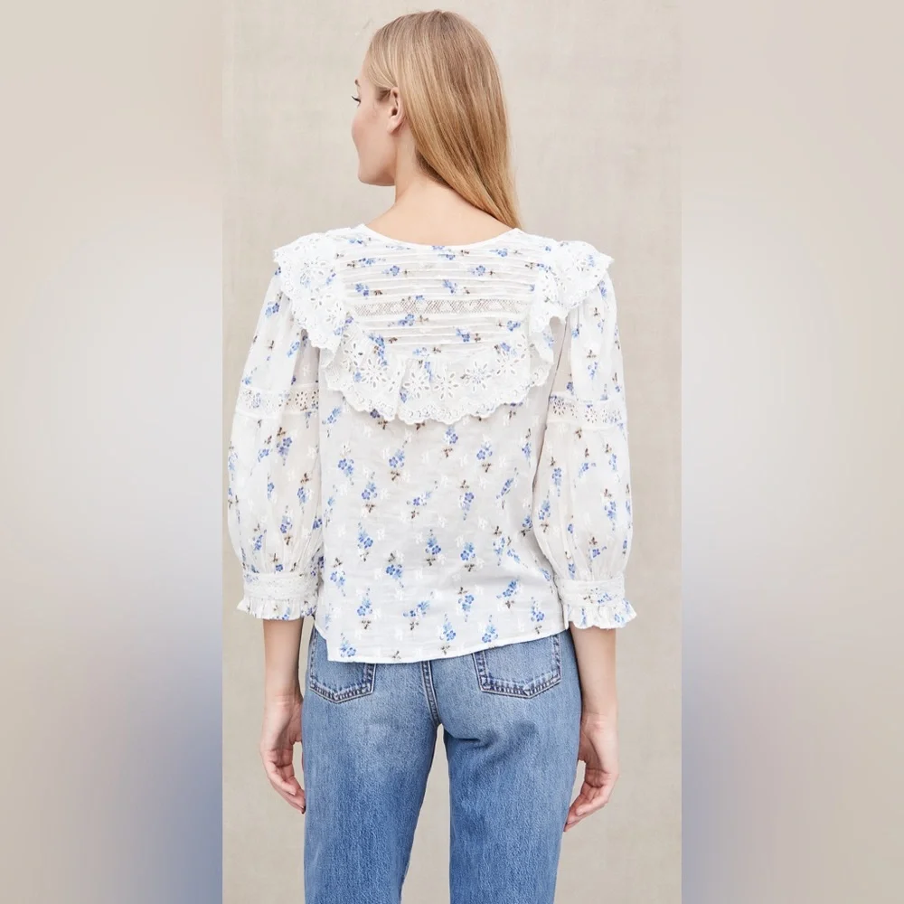 NWT LoveShackFancy Canna Lace Top Blouse- Brilliant Blue